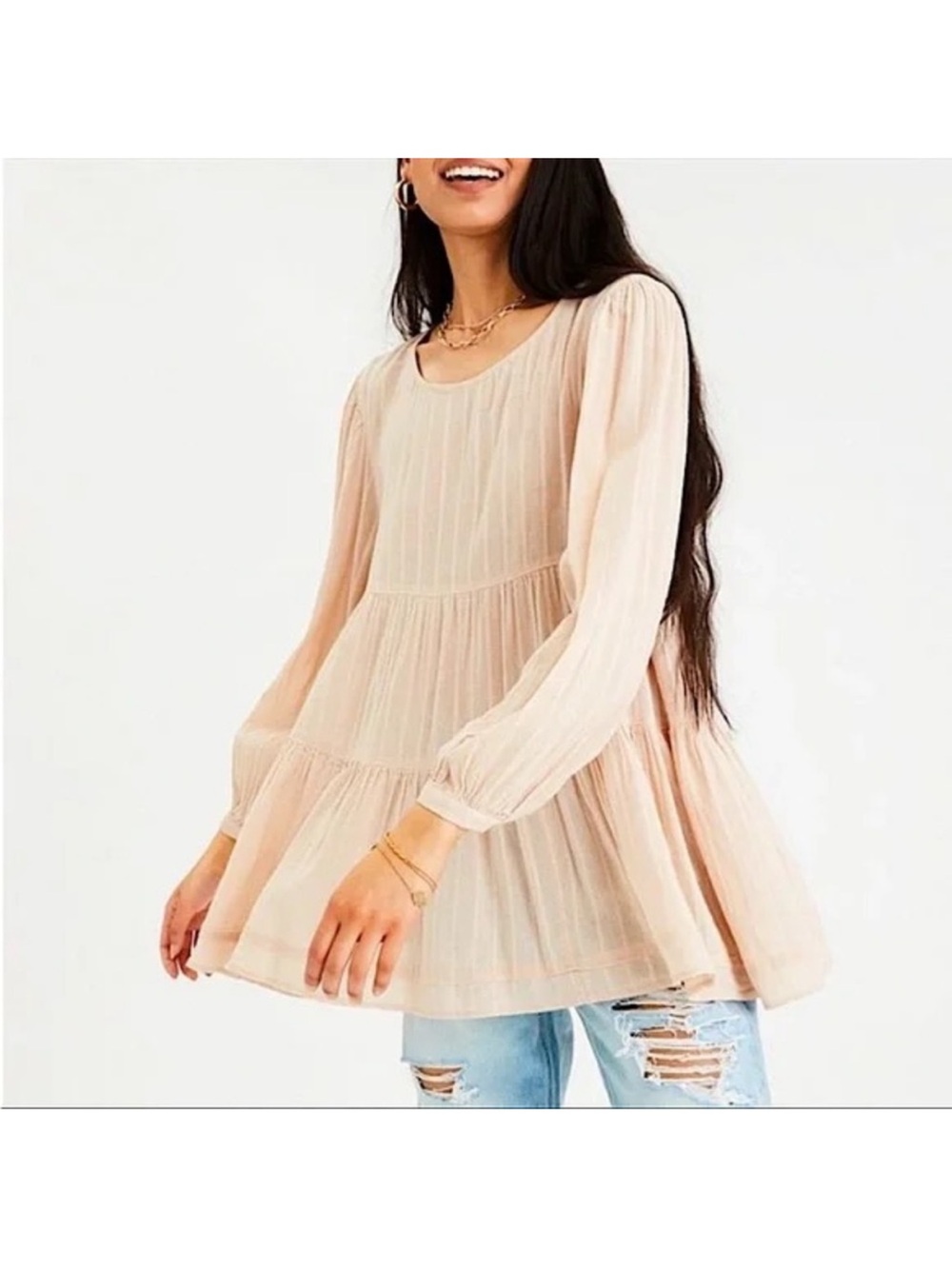 American Eagle Beige Long Sleeve Tiered Babydoll Blouse Peasant Top Size Large